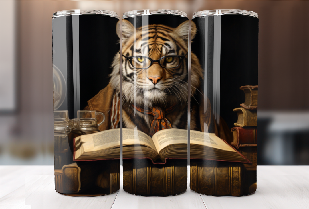 Tiger Scholar Amidst Books Tumbler