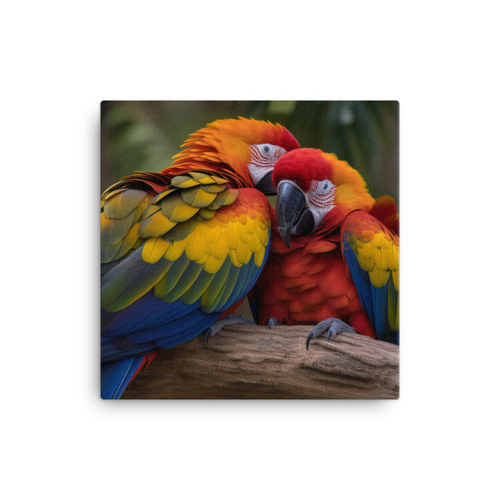 Two Macaws cuddling on a tree branch Canvas - PosterfyAI.com