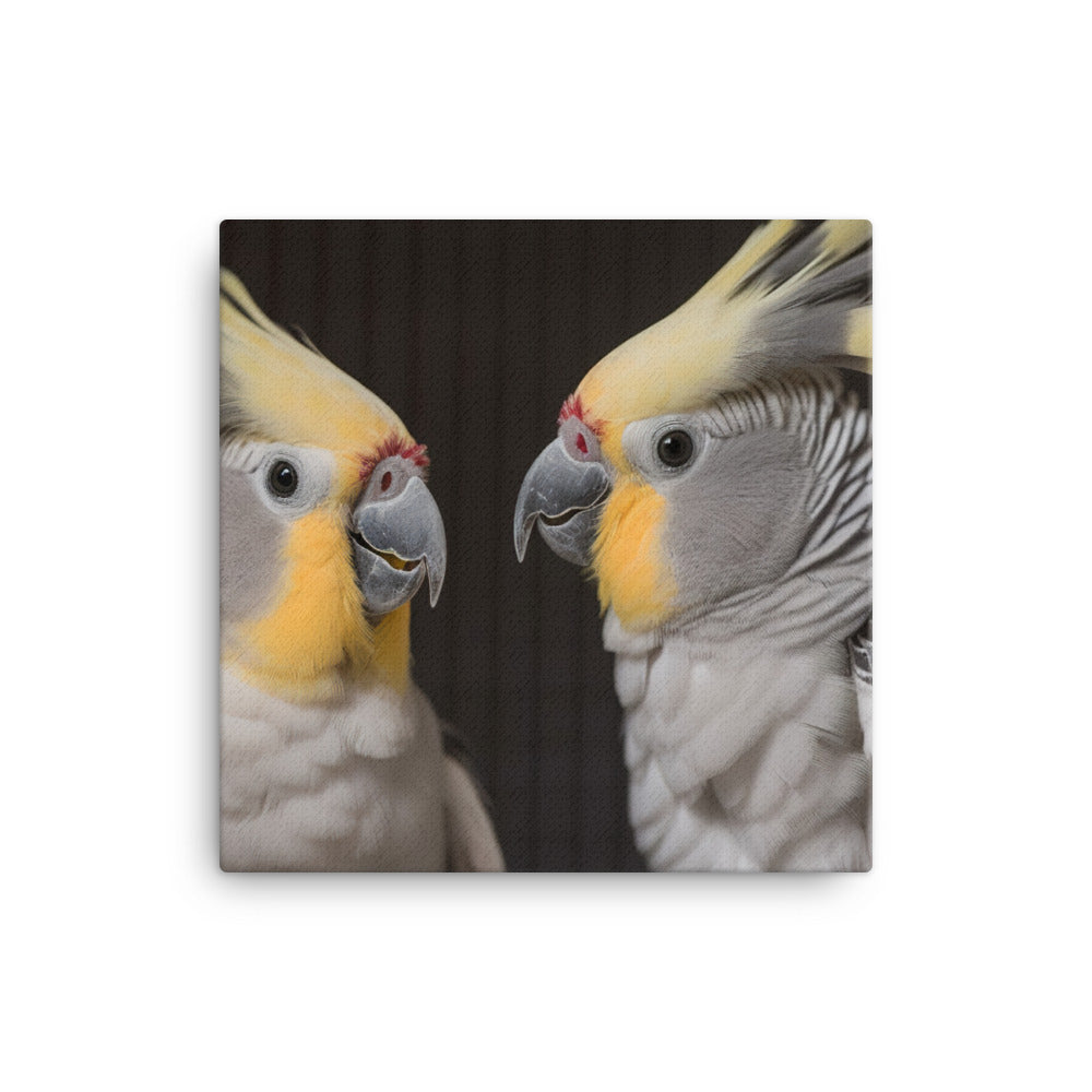 Cute and Curious Cockatiels Canvas - PosterfyAI.com