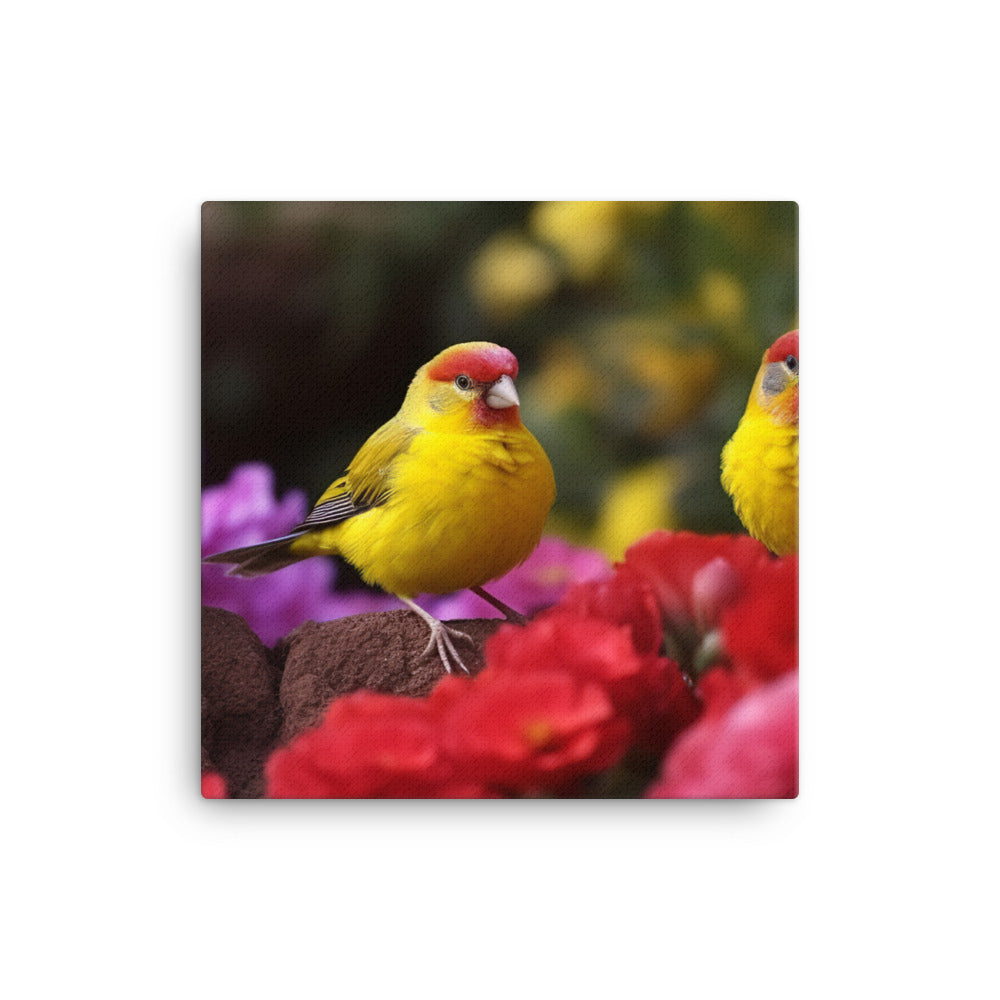 Colorful canaries in a blooming garden Canvas - PosterfyAI.com