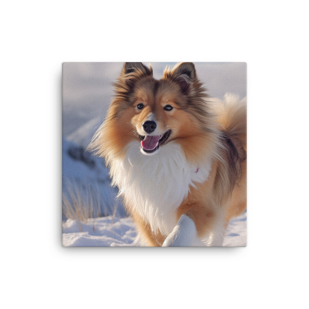 Shetland Sheepdog Playing in the Snow Canvas - PosterfyAI.com