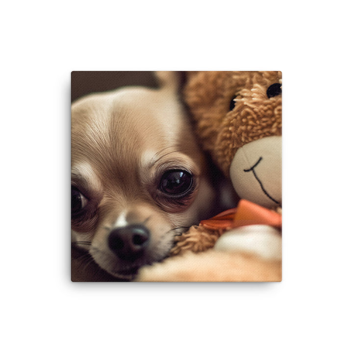 A Chihuahua snuggled up with a plush toy Canvas - PosterfyAI.com