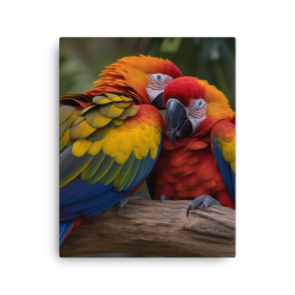 Two Macaws cuddling on a tree branch Canvas - PosterfyAI.com