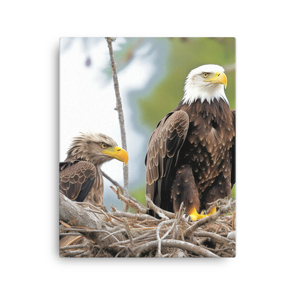 Bald Eagle in its Nest with Eaglets Canvas - PosterfyAI.com