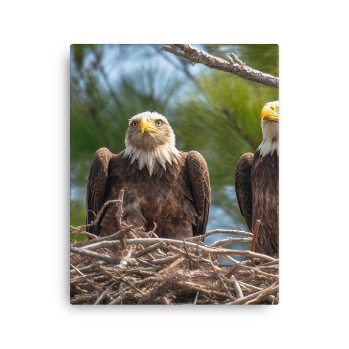 Bald Eagle in its Nest with Eaglets Canvas - PosterfyAI.com