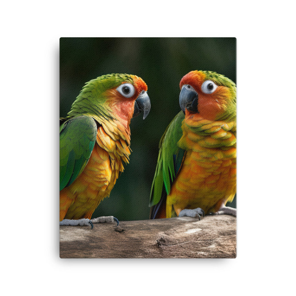 Two Conures perched side by side Canvas - PosterfyAI.com