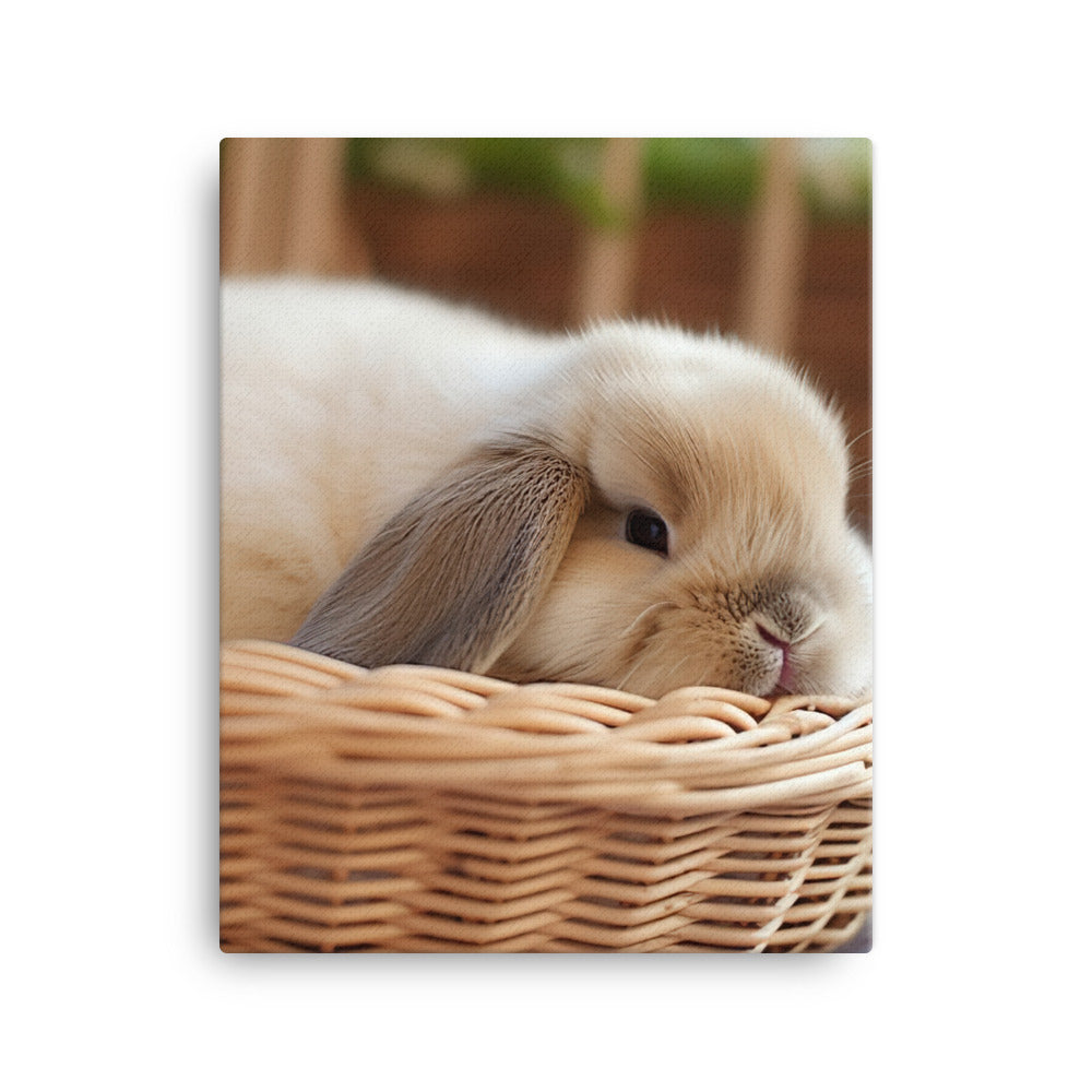 Mini Lop Bunny in a Wicker Basket Canvas - PosterfyAI.com