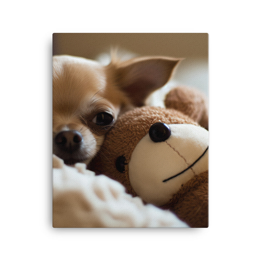 A Chihuahua snuggled up with a plush toy Canvas - PosterfyAI.com