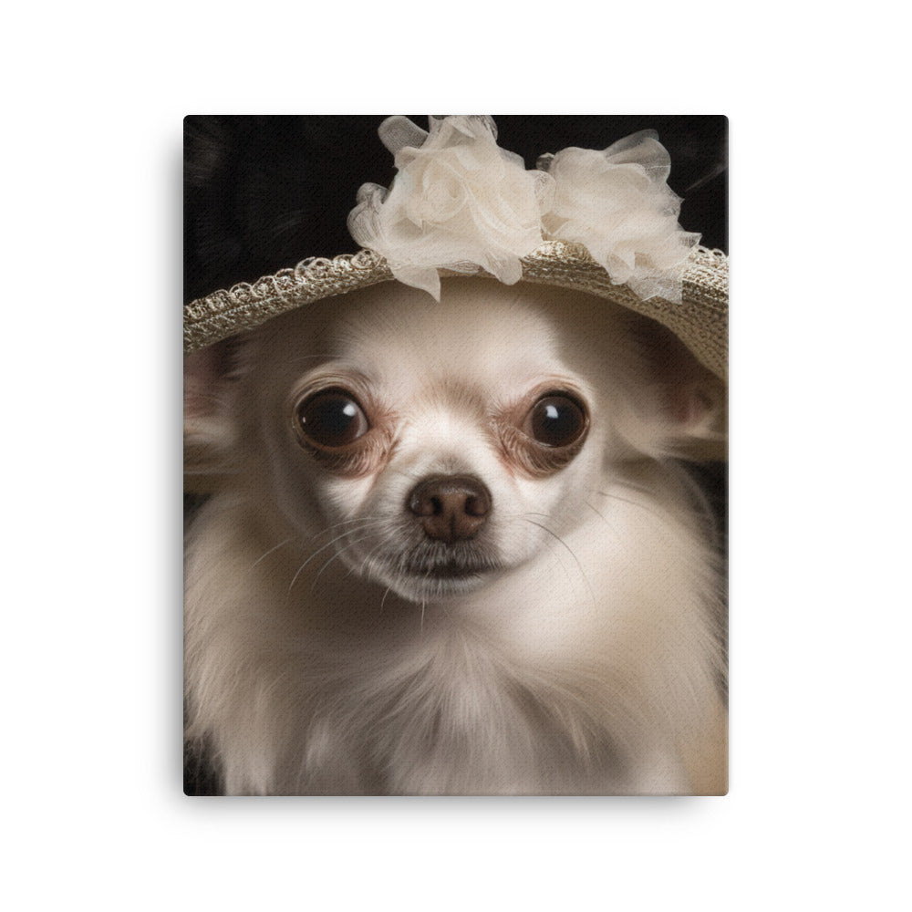 A Chihuahua posing with a boa and hat Canvas - PosterfyAI.com