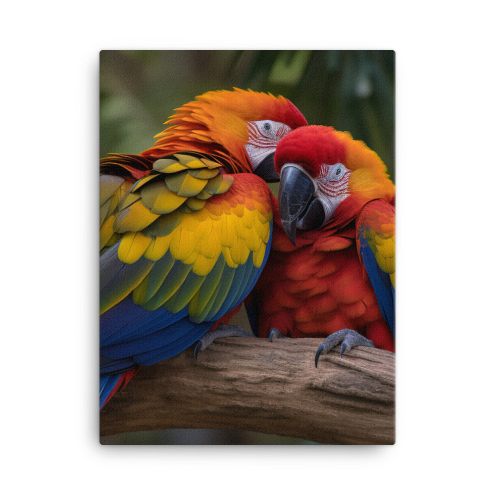 Two Macaws cuddling on a tree branch Canvas - PosterfyAI.com