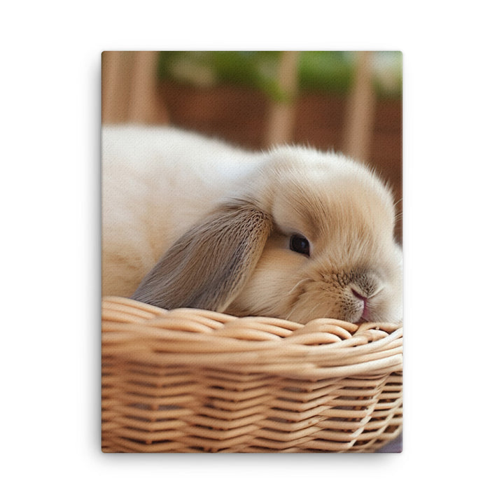 Mini Lop Bunny in a Wicker Basket Canvas - PosterfyAI.com