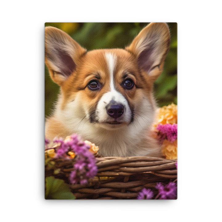 Welsh Corgi Puppy in a Basket Canvas - PosterfyAI.com