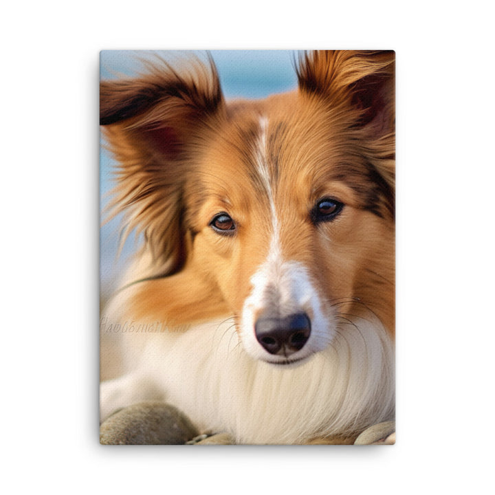 Shetland Sheepdog Relaxing on the Beach Canvas - PosterfyAI.com