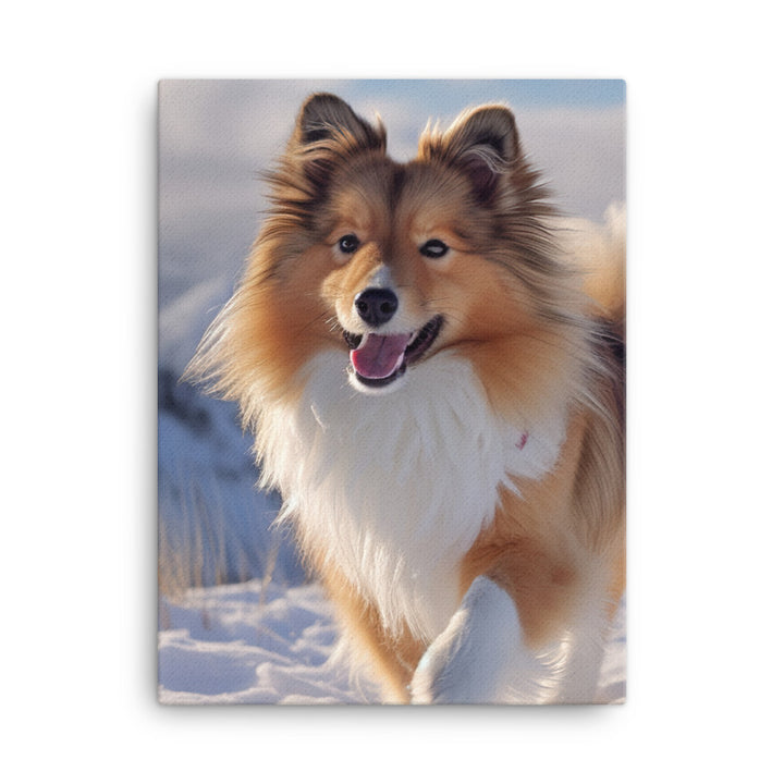 Shetland Sheepdog Playing in the Snow Canvas - PosterfyAI.com