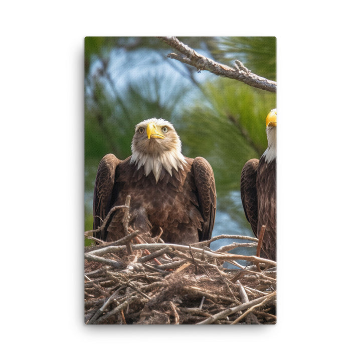 Bald Eagle in its Nest with Eaglets Canvas - PosterfyAI.com