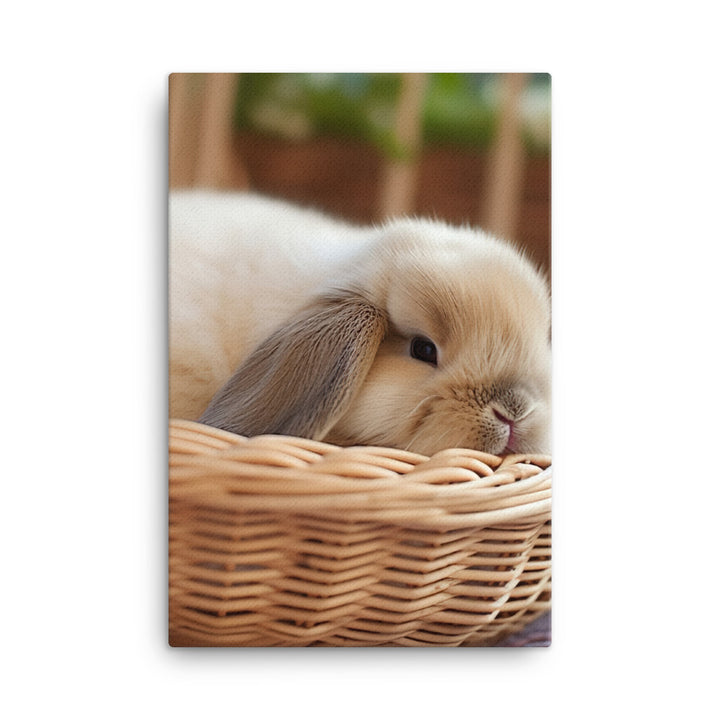 Mini Lop Bunny in a Wicker Basket Canvas - PosterfyAI.com