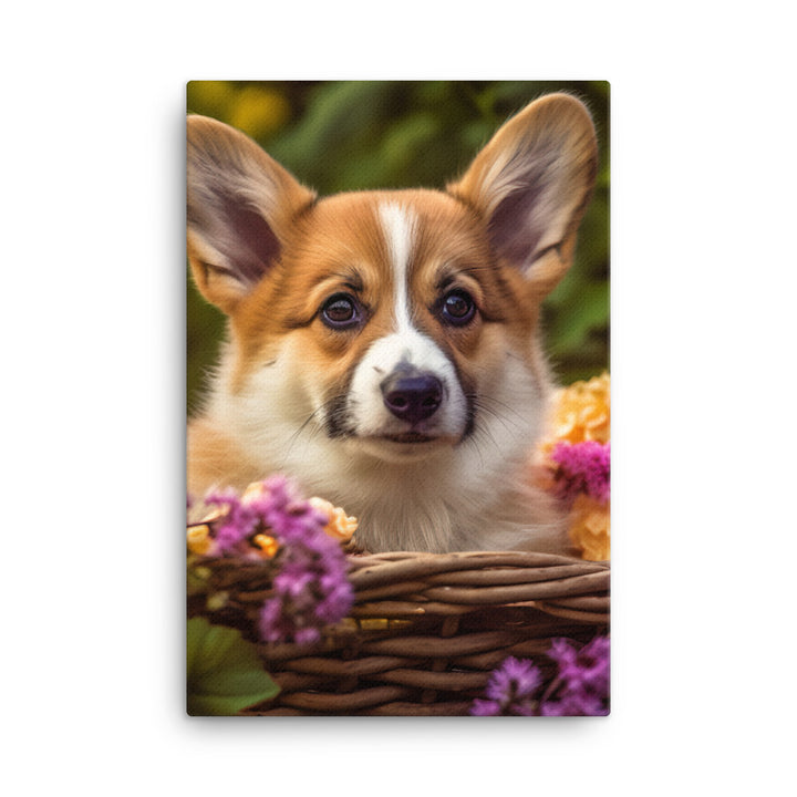 Welsh Corgi Puppy in a Basket Canvas - PosterfyAI.com
