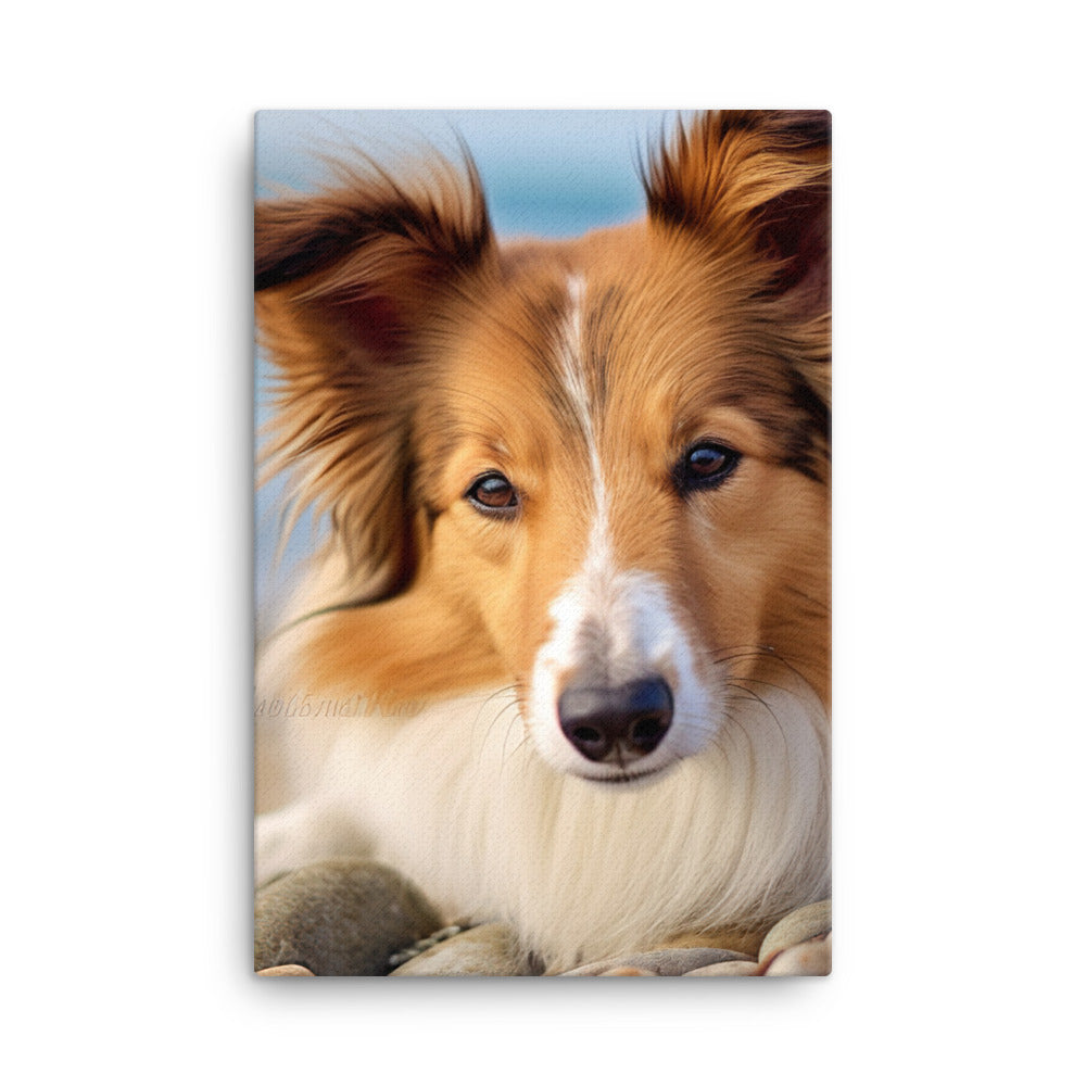 Shetland Sheepdog Relaxing on the Beach Canvas - PosterfyAI.com