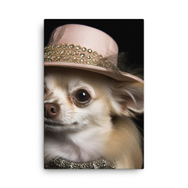 A Chihuahua posing with a boa and hat Canvas - PosterfyAI.com