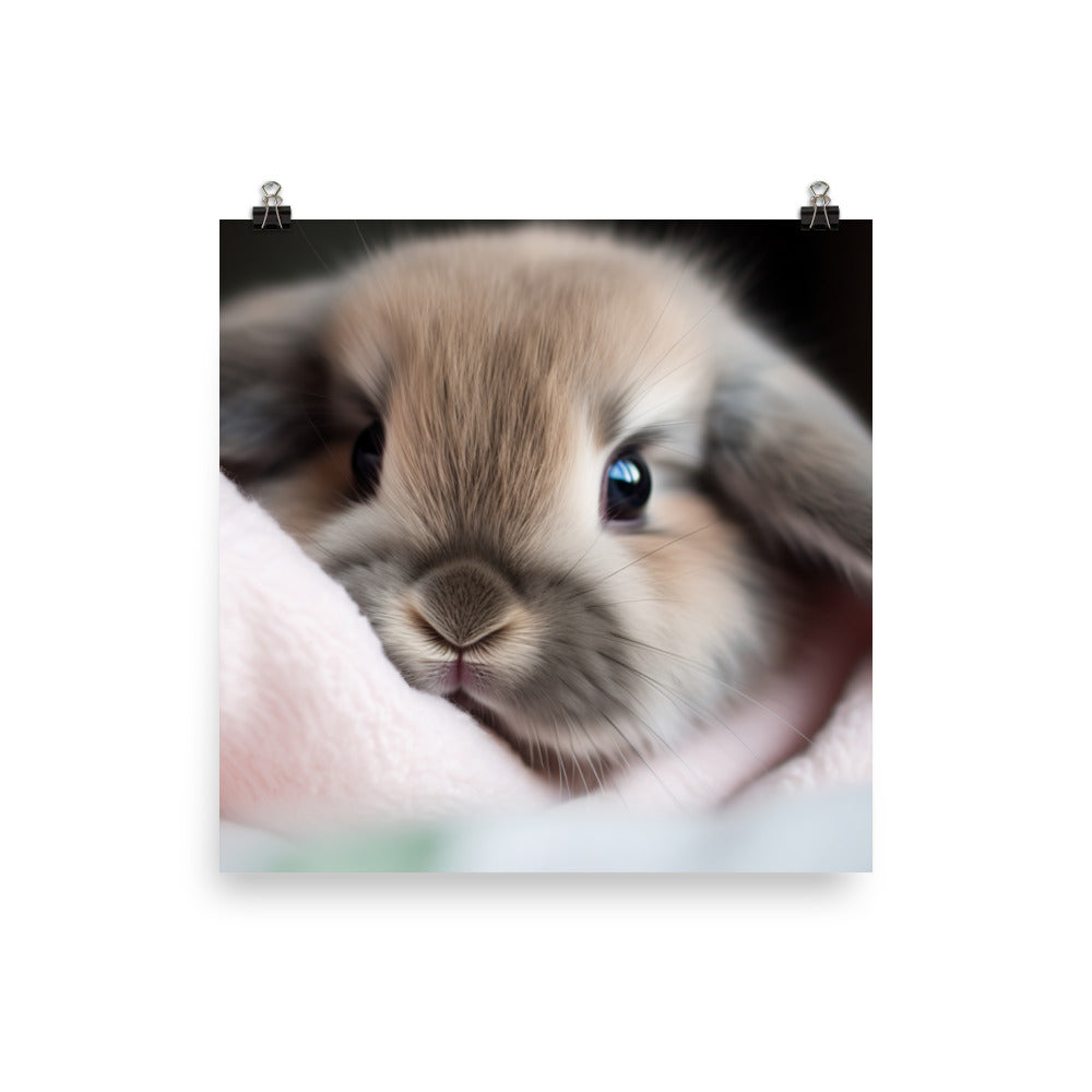 Mini Lop Bunny in a Cozy Blanket Photo paper poster - PosterfyAI.com