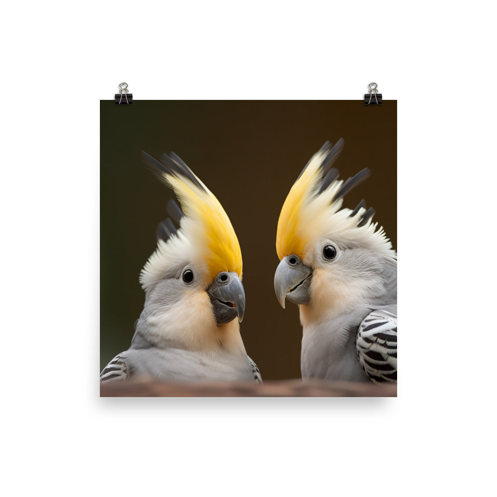 Cute and Curious Cockatiels Photo paper poster - PosterfyAI.com