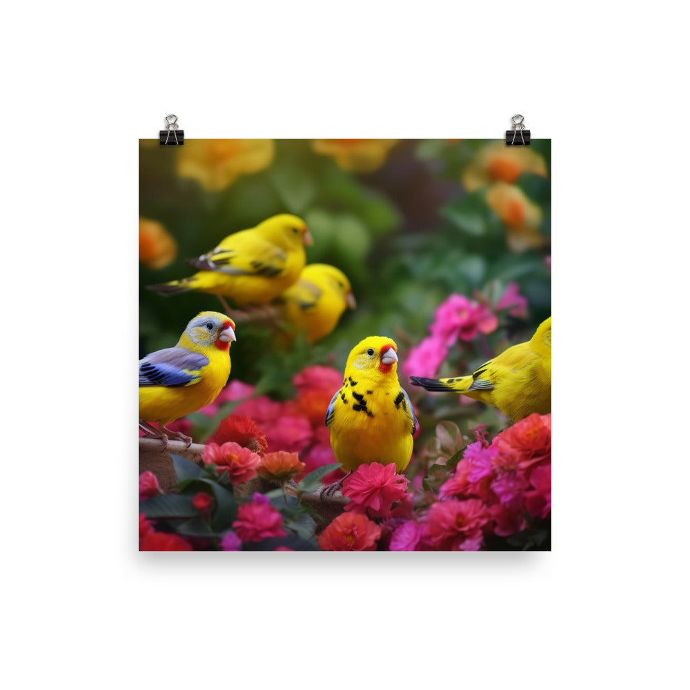Colorful canaries in a blooming garden Photo paper poster - PosterfyAI.com