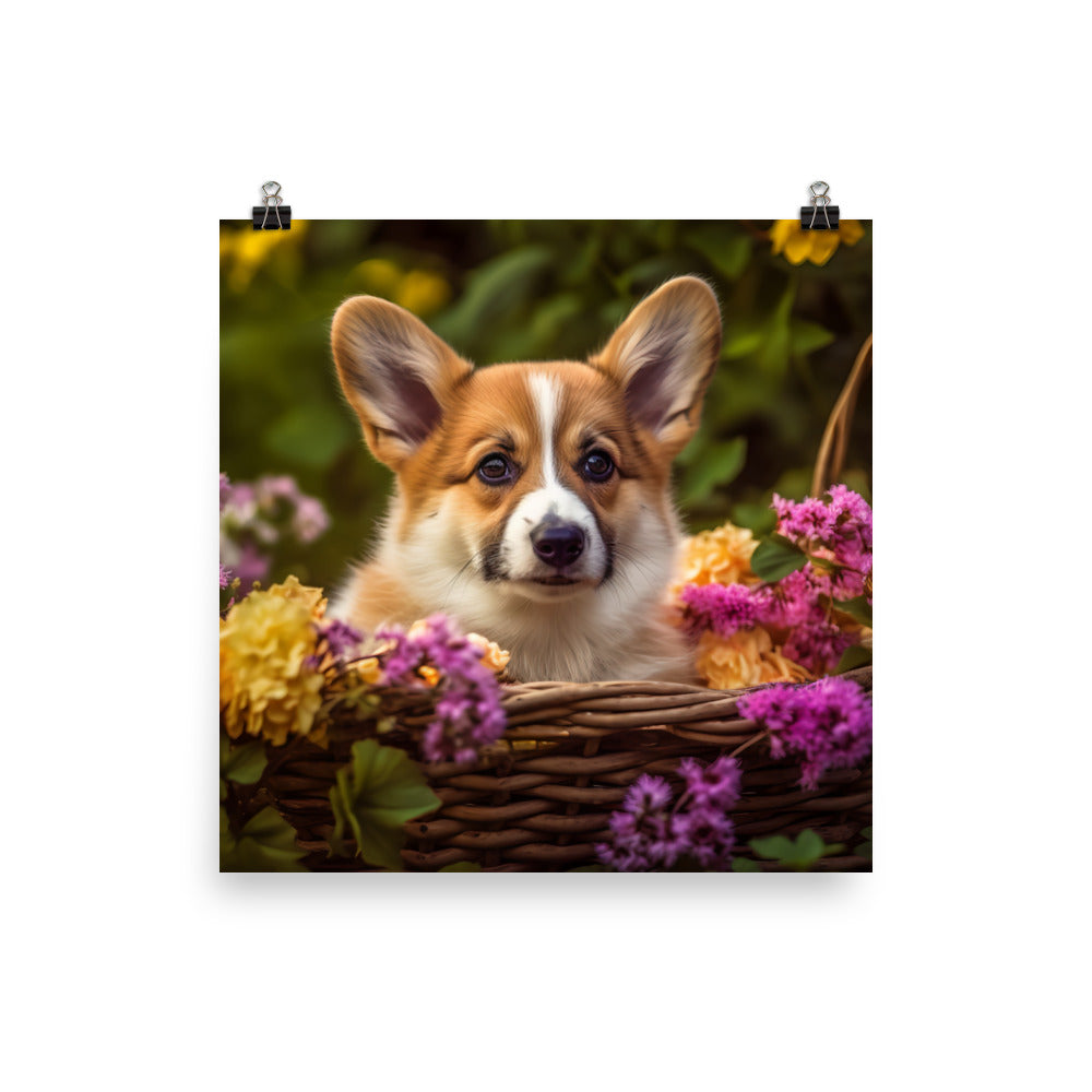 Welsh Corgi Puppy in a Basket Photo paper poster - PosterfyAI.com