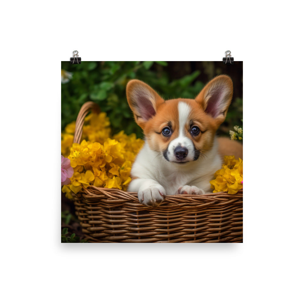 Welsh Corgi Puppy in a Basket Photo paper poster - PosterfyAI.com