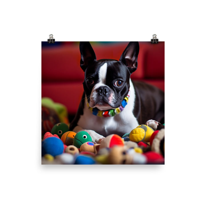 Happy Boston Terrier with Toys Photo paper poster - PosterfyAI.com
