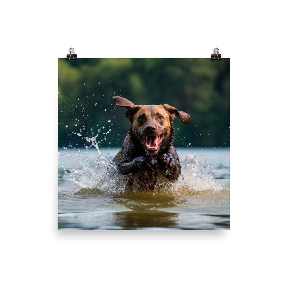 A Labrador Retriever jumping into a lake Photo paper poster - PosterfyAI.com