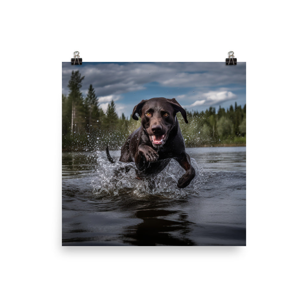 A Labrador Retriever jumping into a lake Photo paper poster - PosterfyAI.com