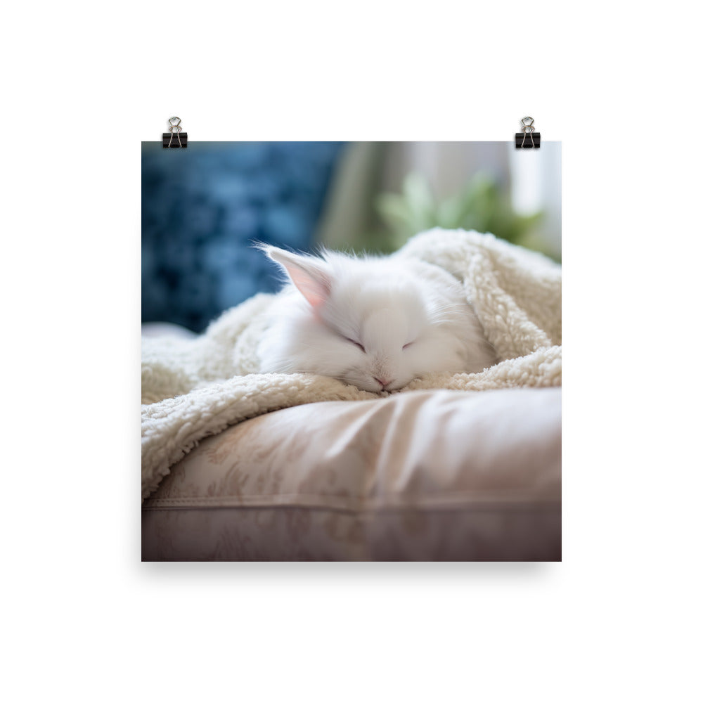 Satin Angora Bunny in a Cozy Setting Photo paper poster - PosterfyAI.com
