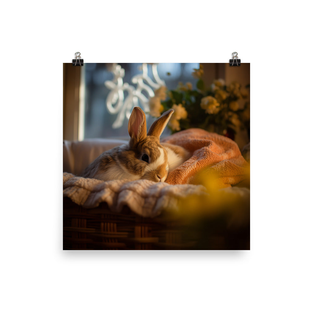 Harlequin Bunny in a Cozy Setting Photo paper poster - PosterfyAI.com