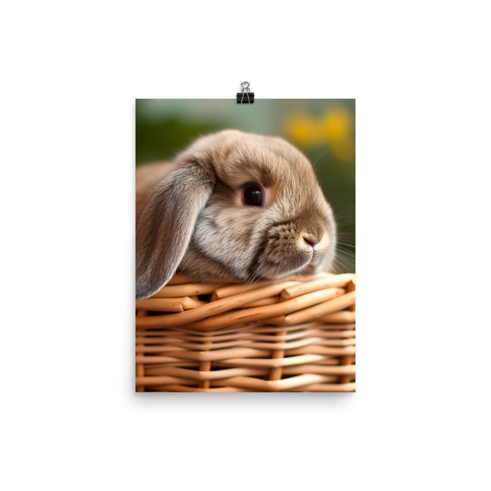 Mini Lop Bunny in a Wicker Basket Photo paper poster - PosterfyAI.com