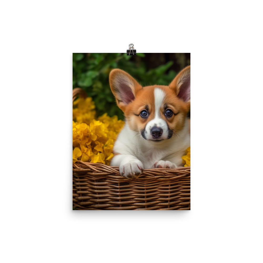 Welsh Corgi Puppy in a Basket Photo paper poster - PosterfyAI.com