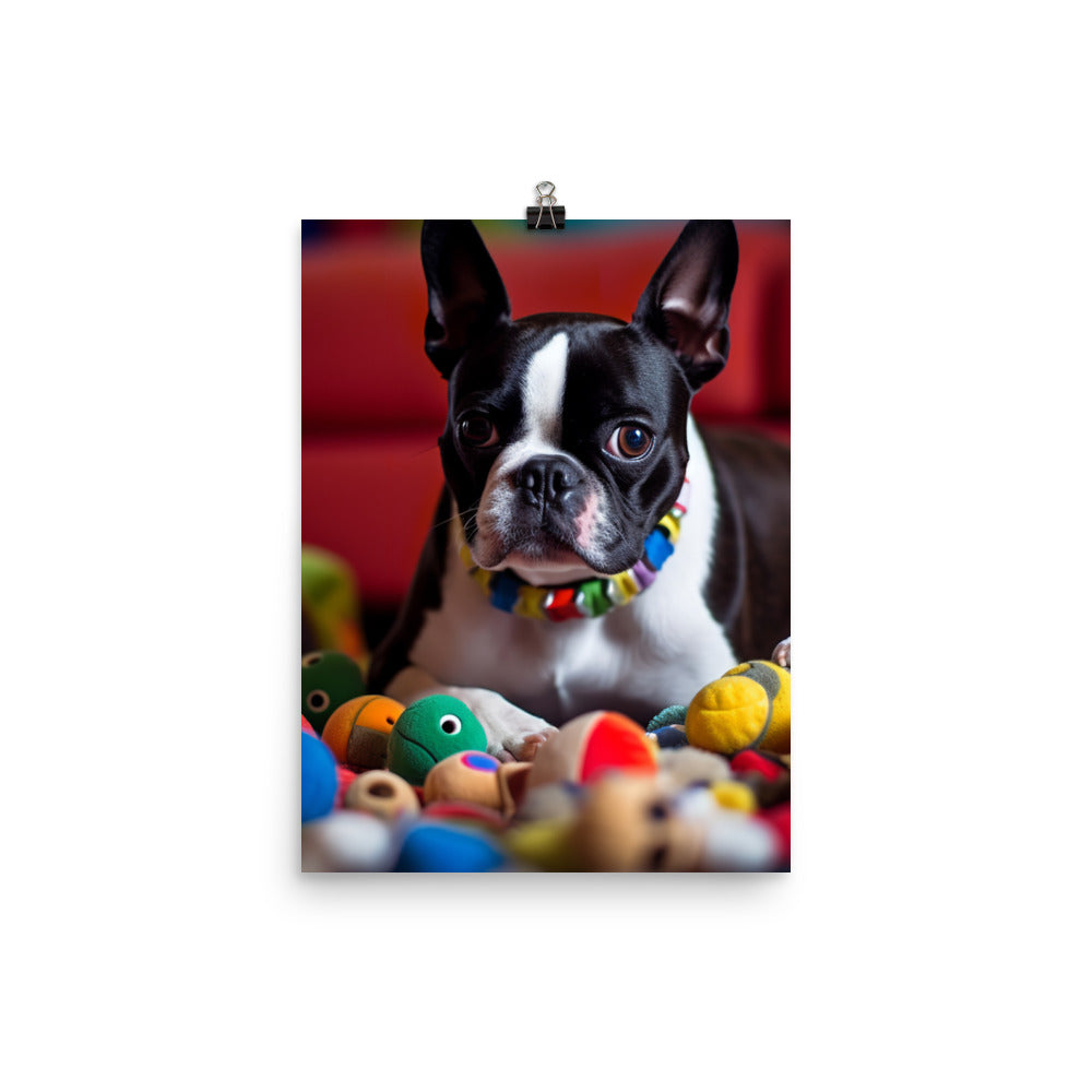 Happy Boston Terrier with Toys Photo paper poster - PosterfyAI.com