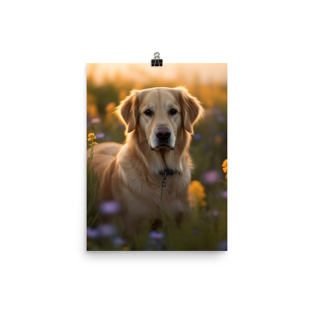 Golden Retriever in a Field of Flowers Photo paper poster - PosterfyAI.com