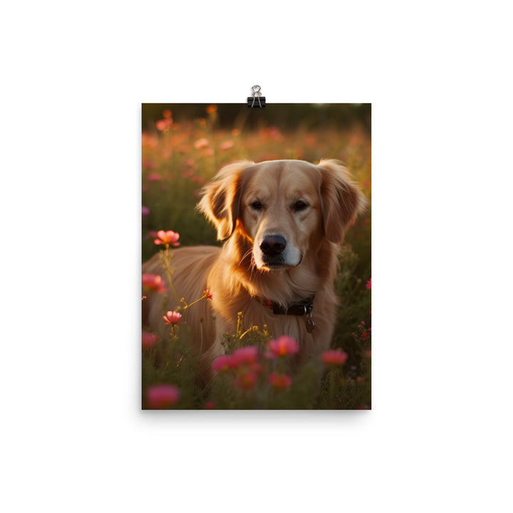 Golden Retriever in a Field of Flowers Photo paper poster - PosterfyAI.com