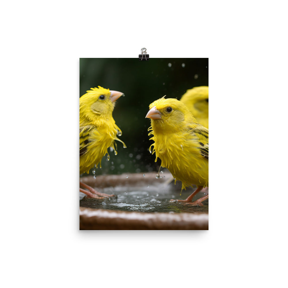 Canaries enjoying a bath Photo paper poster - PosterfyAI.com