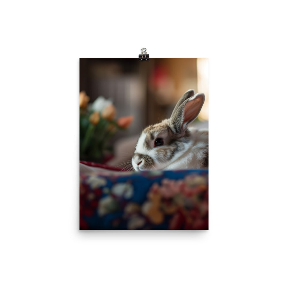 Harlequin Bunny in a Cozy Setting Photo paper poster - PosterfyAI.com