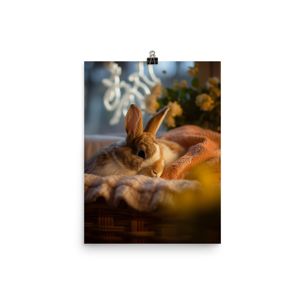 Harlequin Bunny in a Cozy Setting Photo paper poster - PosterfyAI.com