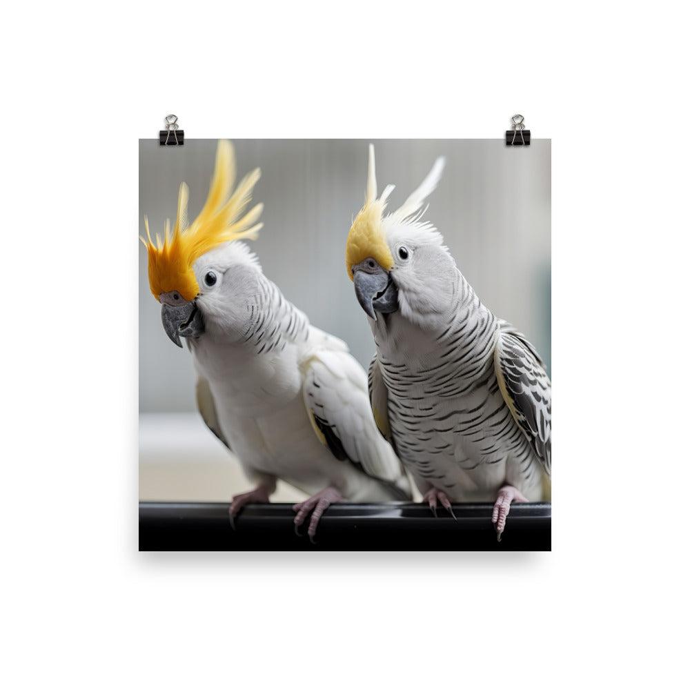 Cute and Curious Cockatiels Photo paper poster - PosterfyAI.com