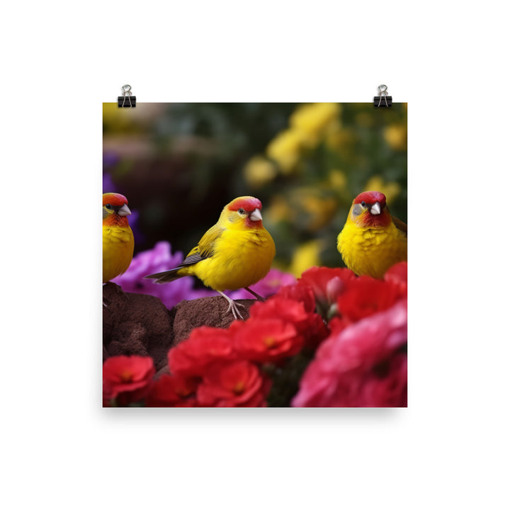 Colorful canaries in a blooming garden Photo paper poster - PosterfyAI.com