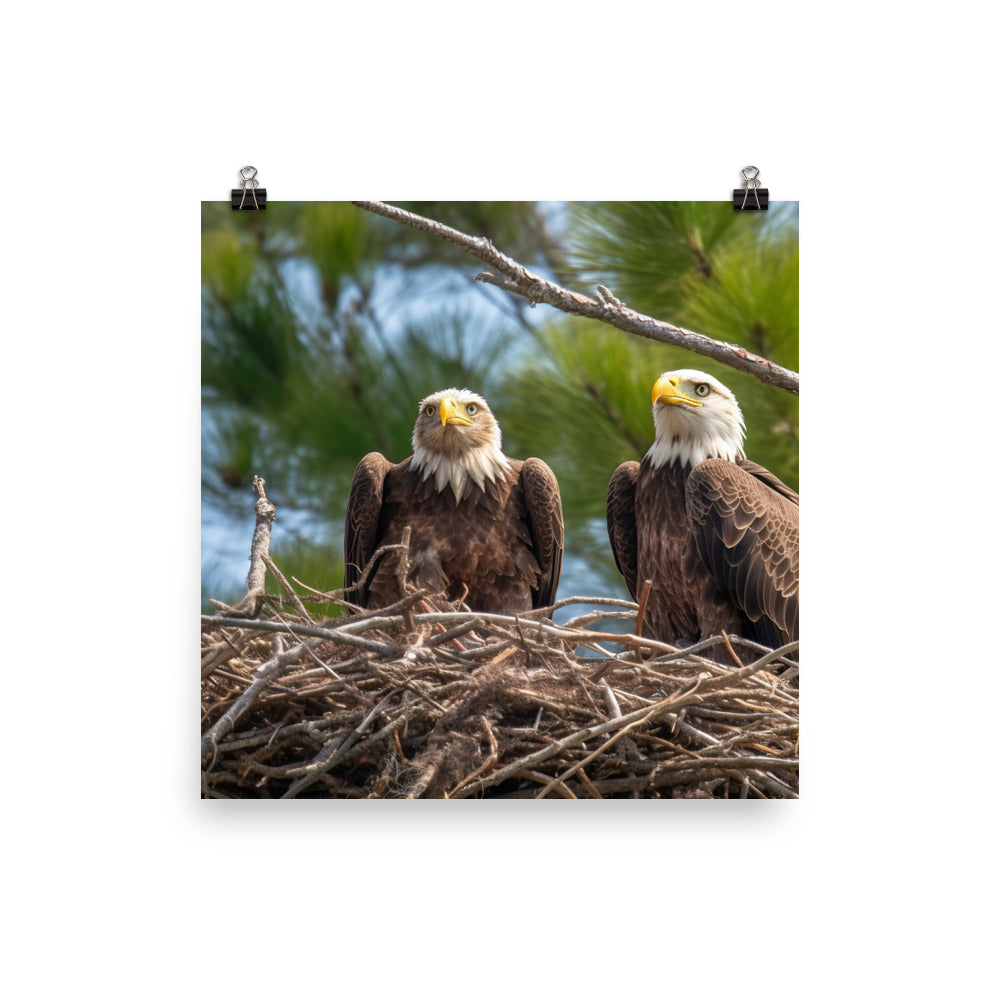 Bald Eagle in its Nest with Eaglets Photo paper poster - PosterfyAI.com