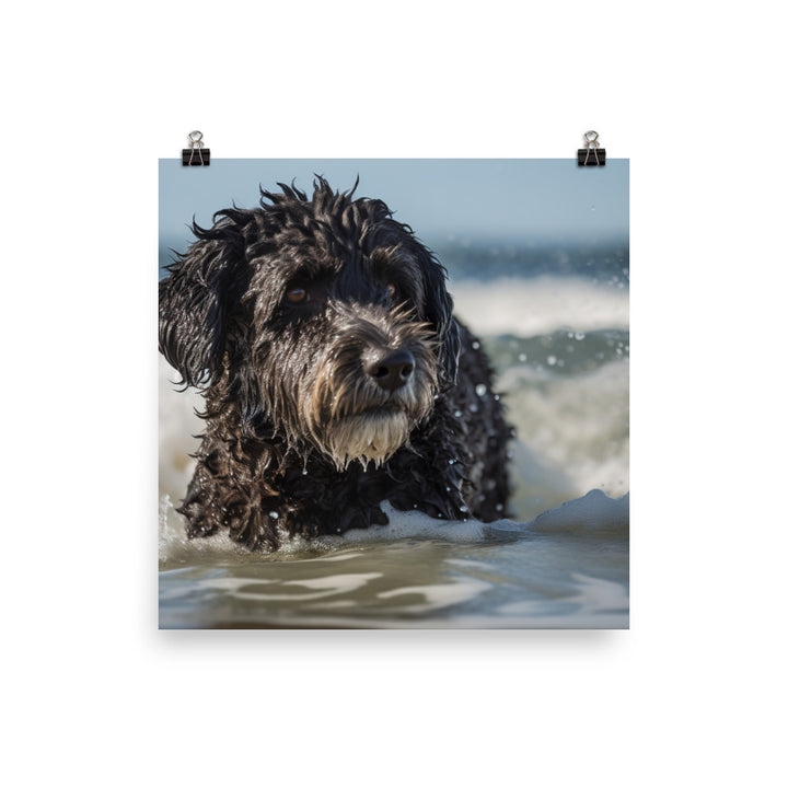 Waves with a Portuguese Water Dog Photo paper poster - PosterfyAI.com