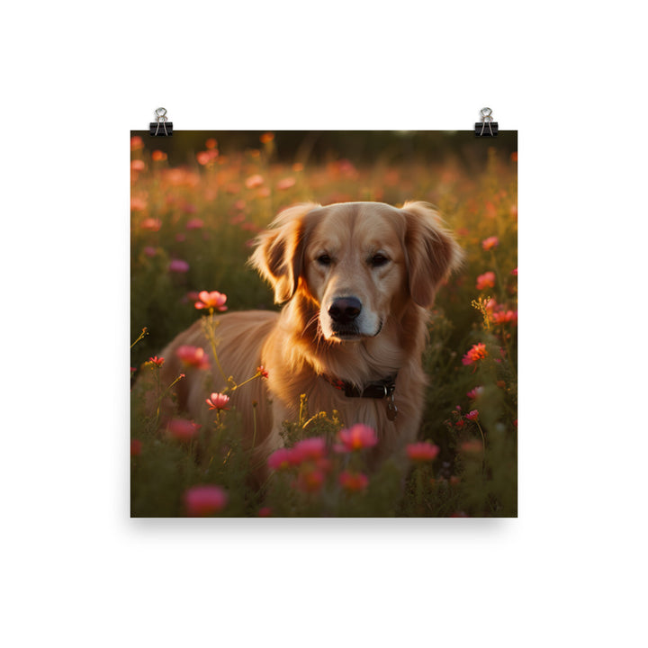 Golden Retriever in a Field of Flowers Photo paper poster - PosterfyAI.com