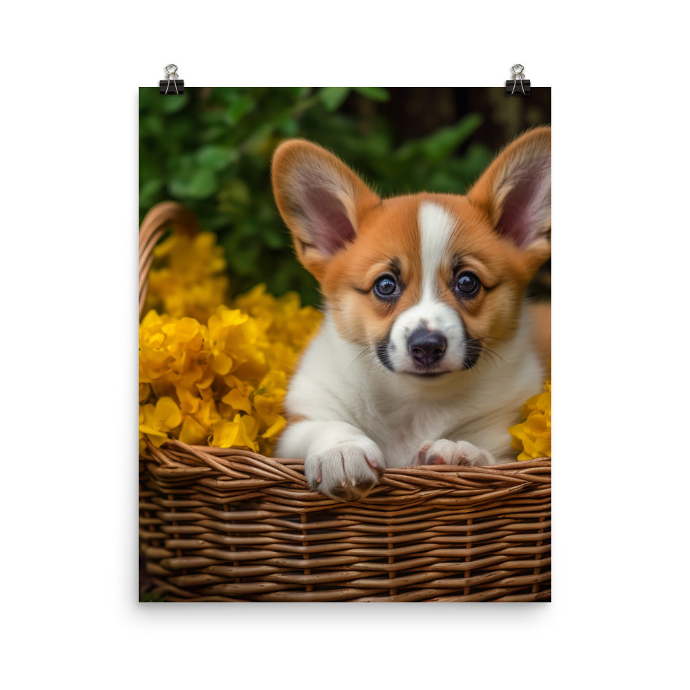 Welsh Corgi Puppy in a Basket Photo paper poster - PosterfyAI.com