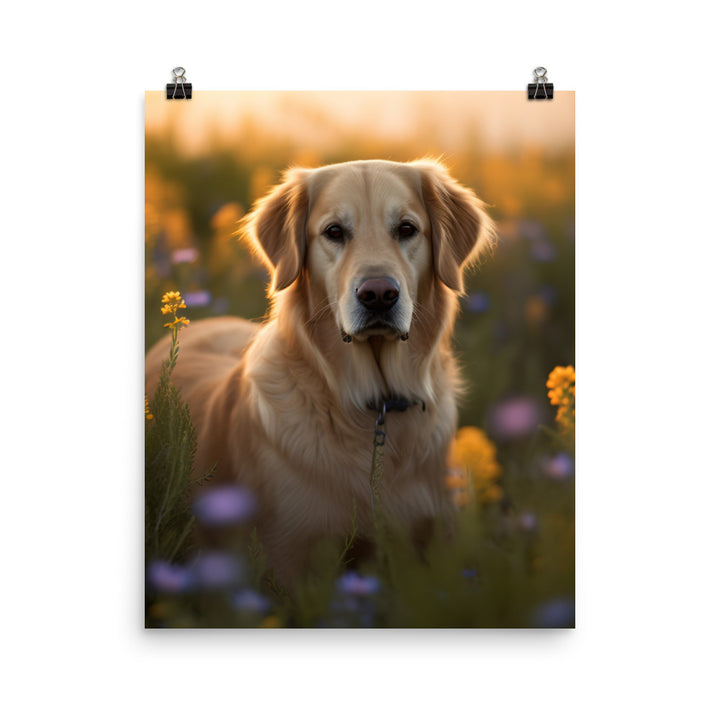 Golden Retriever in a Field of Flowers Photo paper poster - PosterfyAI.com