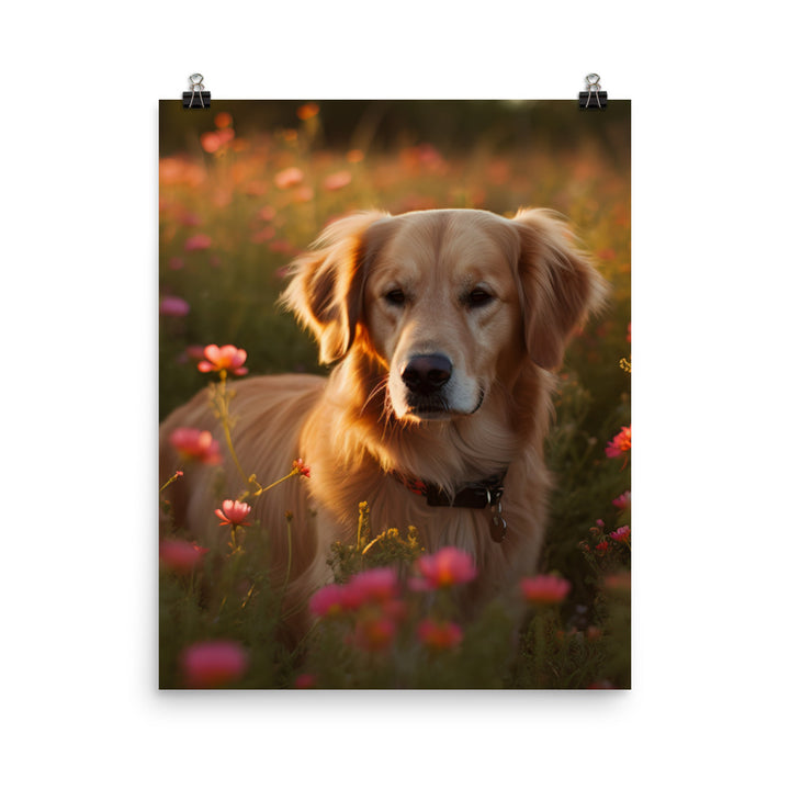 Golden Retriever in a Field of Flowers Photo paper poster - PosterfyAI.com