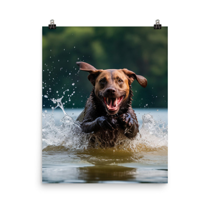 A Labrador Retriever jumping into a lake Photo paper poster - PosterfyAI.com